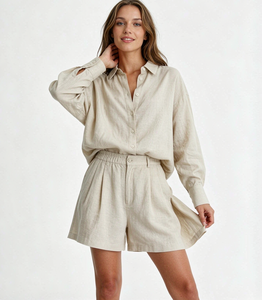 <b>Women</b> two Piece <b>Linen</b> Beige Shirt Shorts Loose Fit Casual Spring Summer Outfit - Product Image 3