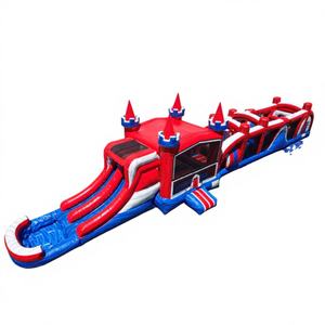 Parcours d'obstacles gonflable en PVC, aire de jeux multifonctionnelle commerciale, ensemble d'obstacles rouge, blanc et bleu, location de fête, amusement en plein air - Product Image 1