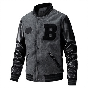 <b>Men's</b> Gray Varsity Jacket <b>Black</b> Cotton Sleeves Mandarin Collar Front Logo Breathable Baseball <b>Coat</b> - Product Image 1