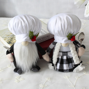 Poupée en peluche gnome sans visage avec chapeau de chef, couple Tomte à carreaux noir et blanc, ornement de Noël pour table de cuisine - Product Image 4