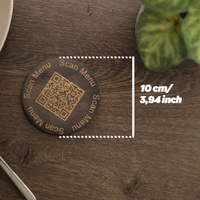 Panneau de table rond en bois moderne personnalisé avec code QR, menu gravé, logo personnalisé pour restaurant, café, affichage Wi-Fi