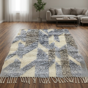 Tapis géométrique marocain fait main, rectangulaire, en laine N/Z, à poils longs, style bohème, avec envers en coton, épaisseur moyenne, pour salon - Product Image 3