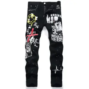 Pantalones vaqueros negros para hombre, ropa estampada, Jeans pintados Vintage, ropa de calle de hip hop