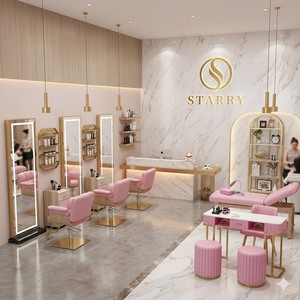 Juego de Muebles de Salón de Belleza Modernos, Duraderos y de Lujo en Oro Rosa con Espejo LED y Estaciones de Trabajo para Estilistas - Product Image 1