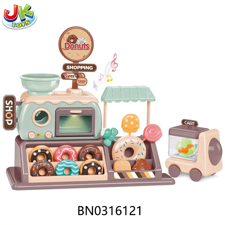 Children Cute Plastic Musical Doughnut shop Play Food Set Music Light Candy Cart Toy For Children