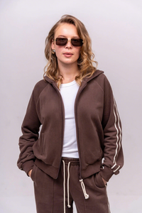 Ensemble de survêtement unisexe marron uni à manches longues avec capuche, taille élastique, poches latérales, coupe régulière, décontracté, léger pour l'hiver - Product Image 5