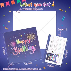 การ์ดอวยพรวันเกิดแบบป๊อปอัพ 3 มิติ ลายเค้กและพื้นหลังดอกไม้ไฟ รูปทรงสี่เหลี่ยมผืนผ้า ทำจากกระดาษ สำหรับงานวันเกิด - Product Image 2