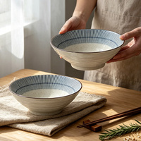 Bol à ramen en céramique rayé de style japonais, bol conique à large ouverture pour soupe de nouilles, bol à salade et pâtes, vaisselle pour la maison et la restauration