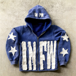 Sweat à capuche zippé en coton délavé <span class=keywords><strong>vintage</strong></span> pour <span class=keywords><strong>homme</strong></span>, avec patchwork étoiles et lettres vieillis, style streetwear, personnalisable - Product Image 4