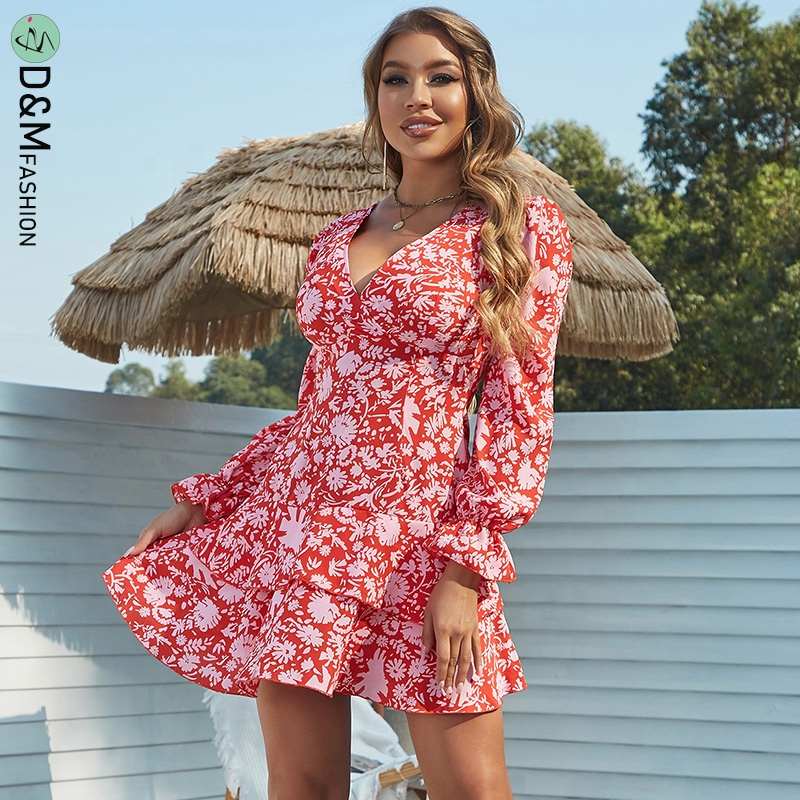D & M الملابس النسائية 2021 جديد Vestidos الصانع السيدات متزلج فساتين المرأة طويلة الأكمام الخامس الرقبة الأزهار طباعة فستان كاجوال