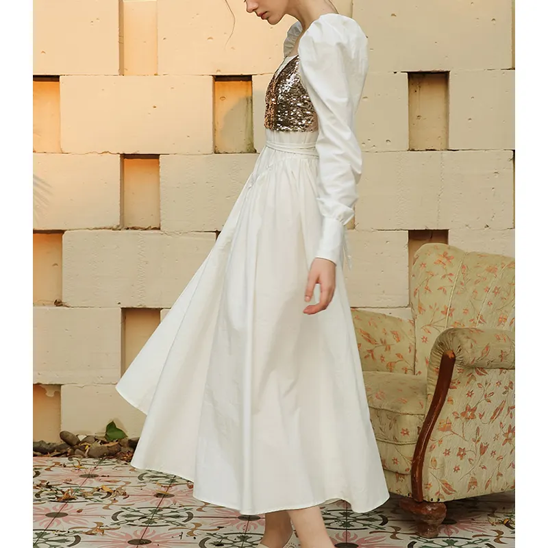 Custom 2023 Summer Elegant Cotton Loose V-Neck Puff Sleeve with Sequin Tank Top Casual White Long Dress
