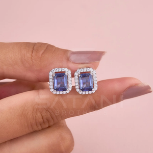 Pendientes de Halo con Circonita Cúbica Azul Corte Esmeralda, Plata de Ley, Cierre de Rosca, Joyería Elegante y Brillante para Uso Diario y Ocasiones Especiales - Product Image 3