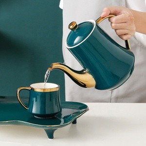 ชุดถ้วยชาและกาแฟสไตล์ยุโรปขอบทอง พร้อมกาน้ำชาและถาดเซรามิก - Product Image 4