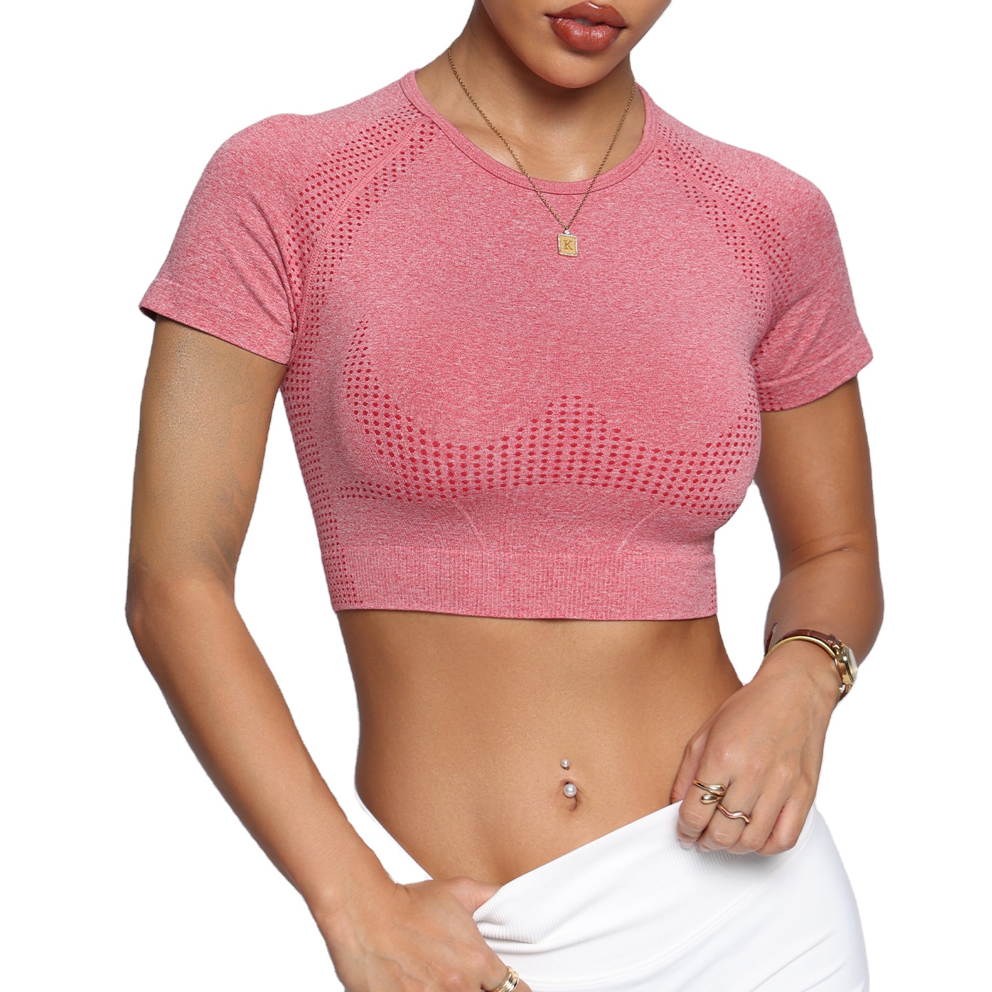[Sample Style] Cross-Border European American Seamless High-Elastic Quick-Drying Short-Sleeve Women's Spandex/Nylon Yoga Wear