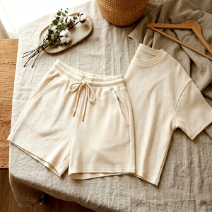 Bulk custom manufacturing service: Beige ribbed short set – Unisex casual wear for adults. - Product Image 1