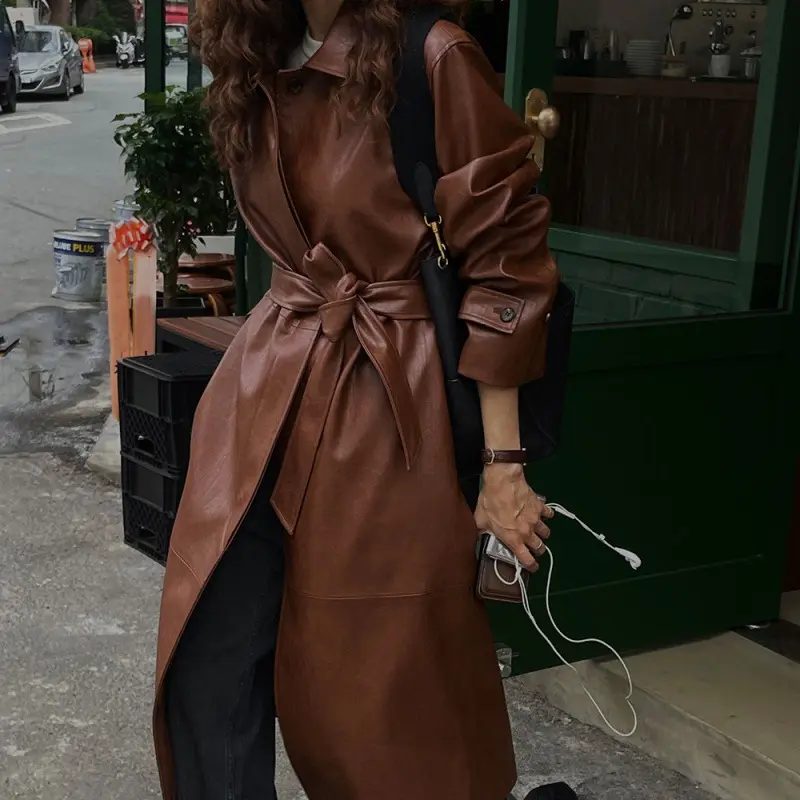 2022 Winter Wholesale Autumn And Winter Vintage Lapel Pu leather Plus Size Women's Trench Coats Ladies Long leather Coat Women