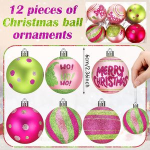 12 Adornos Navideños de Bolas del <span class=keywords><strong>Grinch</strong></span> en Rosa y Verde, Juego de Bolas Brillantes con Rayas para Decoración de Árboles de Navidad - Product Image 5