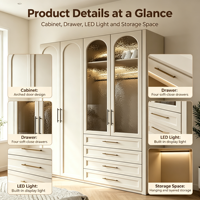 Armoire moderne en bois crème sur mesure avec portes coulissantes à panneaux arqués, éclairage LED intérieur, tiroirs grande capacité
