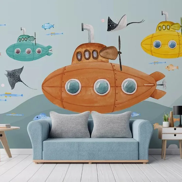 Original HD hand-painted cartoon submarine underwater world children's room background wall wallpaper