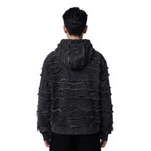 Men's Oversized Hooded Denim <b>Jacket</b> Front Logo <b>Fringe</b> Washed Streetwear Regular Sleeve Solid Color Winter Fit - Product Image 3