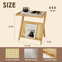 Table d'appoint en bambou de qualité supérieure en forme de Z avec étagère de rangement en rotin et plateau en verre ; Bureau pliable moderne pour ordinateur portable, idéal pour le lit et le canapé