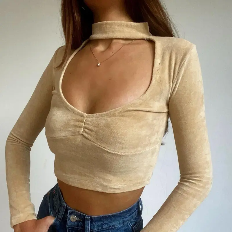 Casual Design Women Sexy Semi-High Necked Chest Cutout Long-Sleeved Tops Blouse For Lady