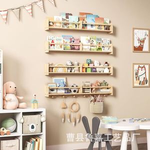 Estantería de madera maciza para niños, estante de almacenamiento montado en la pared de 4 capas para libros, juguetes, decoración del hogar - Product Image 4