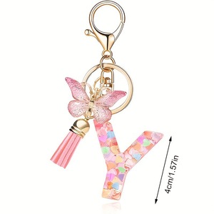 Llavero de moda rosa con letras, lentejuelas de corazón, borla de mariposa, cristal y resina epoxi, accesorio colgante para bolso, regalo para mujer - Product Image 3