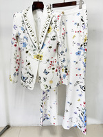 Ensemble deux pièces blanc pour femme Ocstrade, blazer à revers imprimé floral papillon et pantalon évasé taille haute