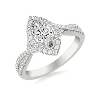 Bague de fiançailles avec diamant de laboratoire taille marquise, double halo et sangle pavée fendue, en or blanc 14 carats, fabriquée sur mesure par une usine de bijoux
