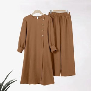 Wholesale Turkey Muslim Suit Modest Set Solid Irregular Long Shirt Wide Leg Pant Women Long <strong>Tunic</strong> <strong>Tops</strong> and Pants - Product Image 6