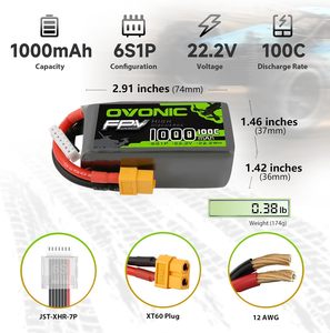 OVONIC 6S 1000mAh 100C 22.2V Lipo <b>Battery</b> XT60 for FPV Racing <b>Drone</b> Quadcopter - Product Image 4