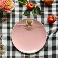 Assiette de table en porcelaine fine bleue et rose, motif ours de dessin animé, écologique, avec couvercle, vaisselle mignonne