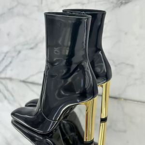 Bottines à talons épais en métal doré, style personnalisé, sexy, pour femmes, bout carré, courtes, avec fermeture éclair latérale, en cuir verni - Product Image 3