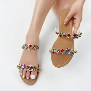 2023 Neue Damen Luxus Edelstein Kristall flache Sandalen Hausschuhe Damen bunte Strass Mode Mode Strand rutschen