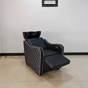 Sillón de Peluquería Contemporáneo de Cuero PU Negro con Lavabo de Cerámica y Reposapiés Plegable, Muebles de Salón - Product Image 6