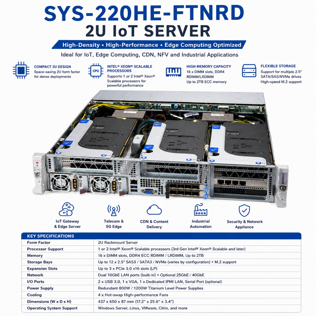 Supermicro SYS-220HE-FTNRD 2U IoT Server Dual Xeon Scalable 8TB DDR4 NVMe GPU Telecom 5G AI Edge Cloud Computing Server