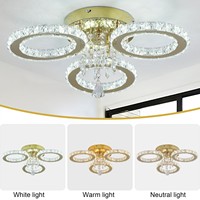 Plafonnier LED rond moderne en acier inoxydable de style nordique à 3 anneaux avec cristaux K9, 3 couleurs changeantes