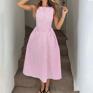 Abito Midi da Donna a Righe Senza Maniche in <span class=keywords><strong>Misto</strong></span> <span class=keywords><strong>Lino</strong></span> Stile Cottage Core, Elegante e Versatile per Ogni Occasione, Spedizione Veloce, MOQ 1 - Product Image 1