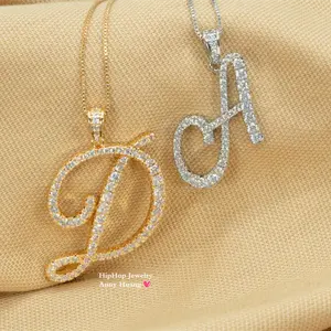 Hip Hop Jewelry 925 Silver Diamond Cursive Initial Pendant Necklace A-Z 26 Letters Pendant moissanite Iced Out Women gift