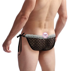 Sous-vêtements pour hommes, imprimé cœur noir, dentelle en maille, nœud latéral, taille basse, lingerie sexy - Product Image 4