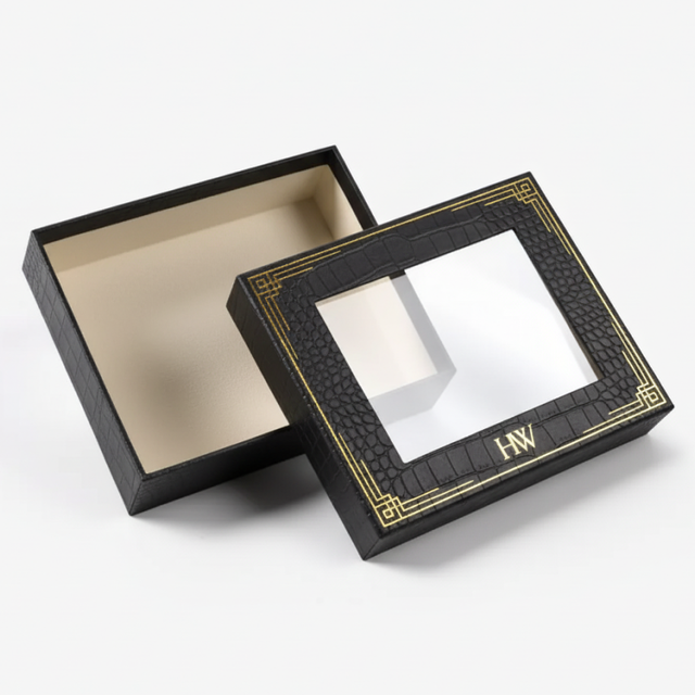 Custom Recyclable Portable Black Gold Trim Leather Luxury Window Watch Box Embossing Matt Lamination Magnetic Rigid Box