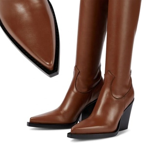 Bottes en cuir véritable populaires automne-hiver 2021, bout pointu, bottes sexy à hauteur de cuisse pour femmes, talon carré haut, taille plus 46 - Product Image 3