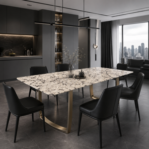 Table à manger personnalisée en quartzite Bianco Fiorla, plateau rectangulaire, style moderne, pour villa, 6 à 8 places, pieds en métal, mobilier en pierre - Product Image 4