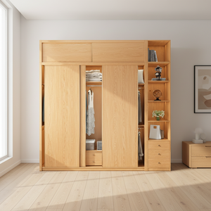 XHA Solid Wood Sliding Door Wardrobe with 3 Shelves and 5+ Drawers Modern Eco-Friendly Bedroom Storage Furniture - Product Image 1