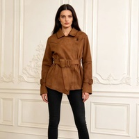Veste en Faux Daim Premium avec Ceinture pour Femmes, Coupe Asymétrique, Boutons, Vêtement d'Extérieur Court en Marron Camel