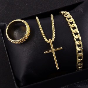 Ensemble de 3 pièces plaqué or : Colliers pendentifs croix tendance, bracelets chaîne cubaine et bague pour femmes et hommes, bijoux de fête - Product Image 6