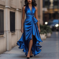 Robe élégante asymétrique unie à col en V sans manches avec lien pour femme, style mode pour le bureau, prête à être expédiée, livraison rapide