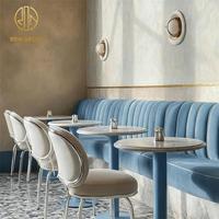 Meubles de salon de luxe haut de gamme en pierre frittée ronde bleue, velours, pour hôtel, café, restaurant, banquette, chaise et table