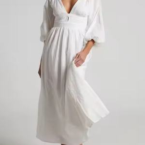 Nouvelle Robe Longue Décontractée Blanche en Coton et Lin pour Femme, Col en V, Dos Nu, Élégante, Personnalisable avec Logo, Collection Été 2025 - Product Image 2